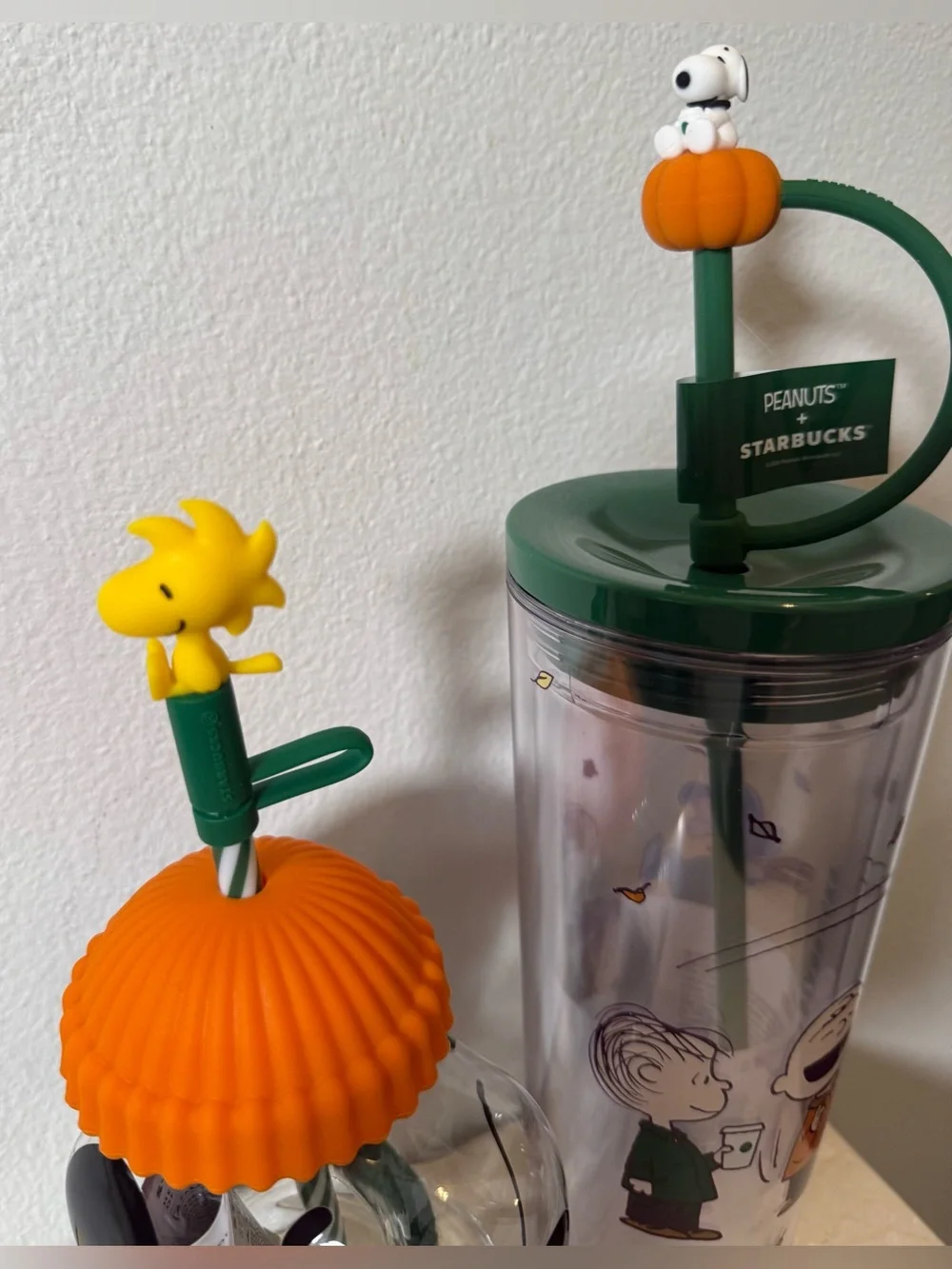 2 Peanuts Starbucks tumblers. Glass Snoopy Cold Cup & Great Pumpkin cold cup